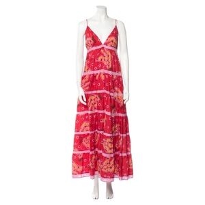Farm Rio Tropical Banana Tiki Striped Maxi Dress M red & pink